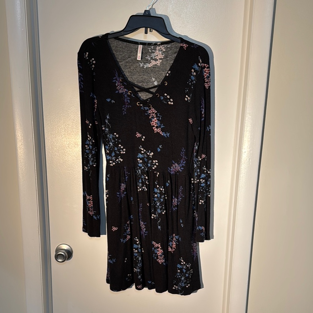 Floral Lace-Up Black Dress